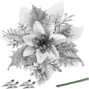 Silver Glitter Artificial Flowers with Clip Silver